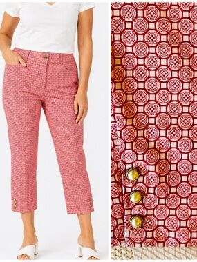 VERVE BLUES Stretchy Cropped Red & White Printed Ankle Pants w Pearl Buttons
